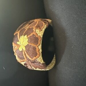 Tan Brown Floral Embroidered Cuff Bracelet -Boho Hippie Peace Love‎ Flowers